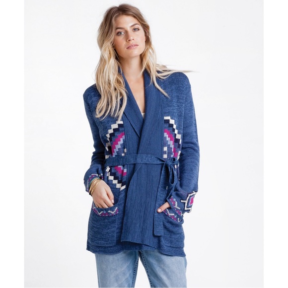 Billabong Sweaters - Blue Patterned Belted Shawl Cardigan Sweater